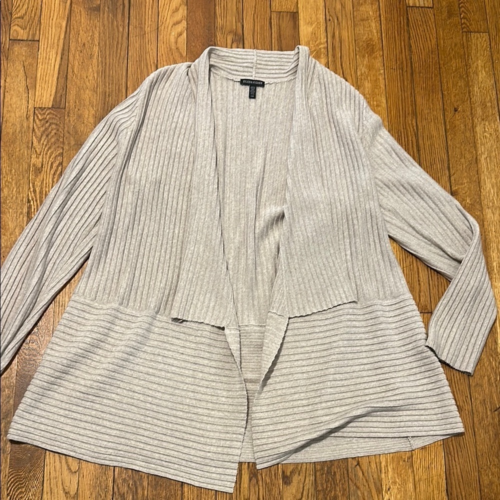 NWOT Eileen fisher ribbed duster open cardigan 100% merino wool taupe gray Large